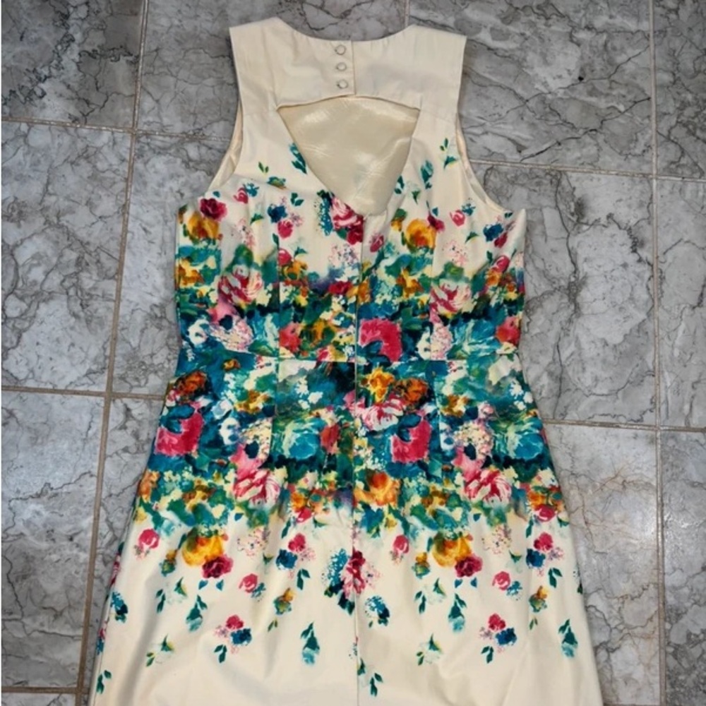 Maeve Cream Floral Backless Sheath Dress with Teal, Pink and Yellow Blooms